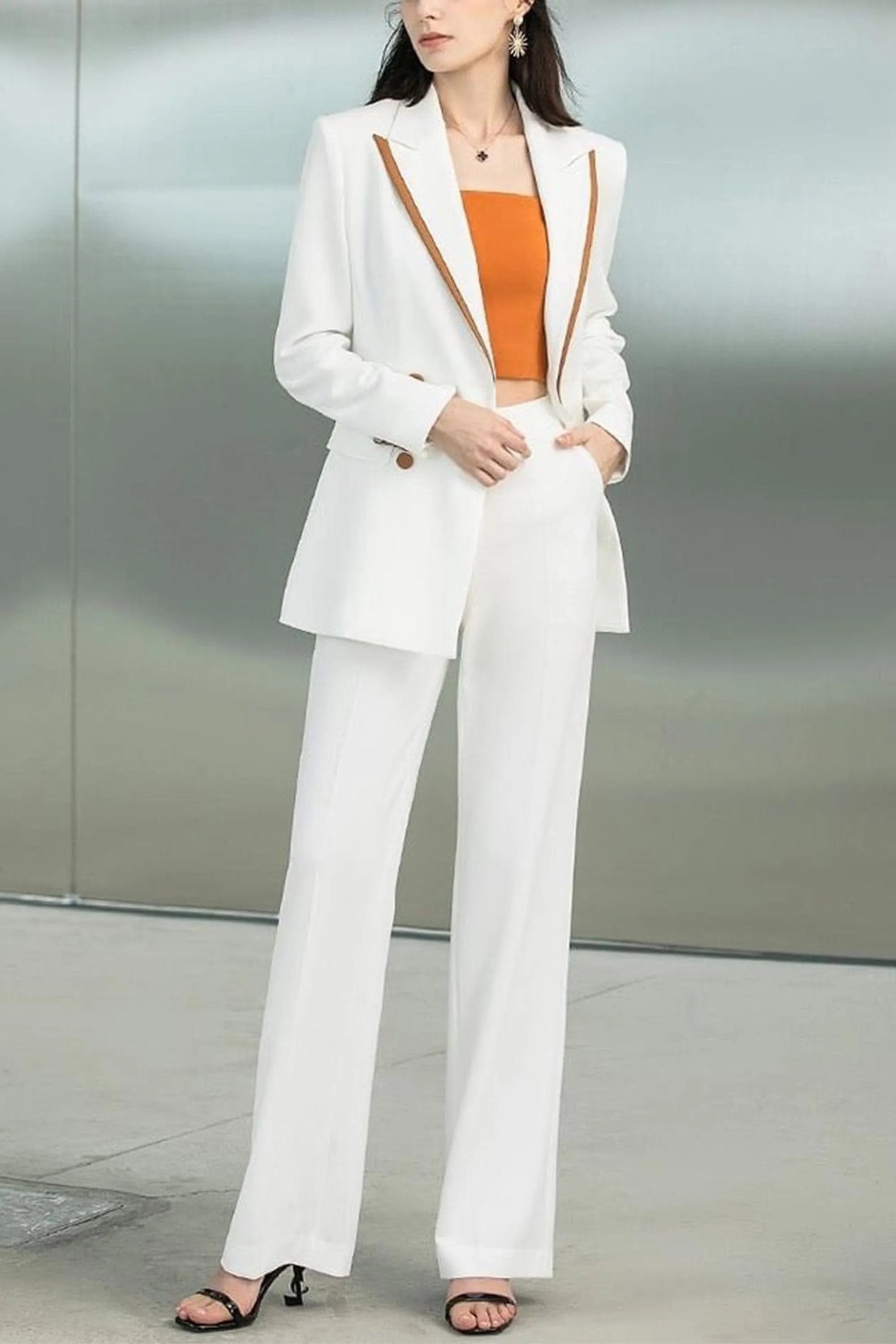 White 2 Piece Single Button Orange Trim Notch Lapel Women Suit