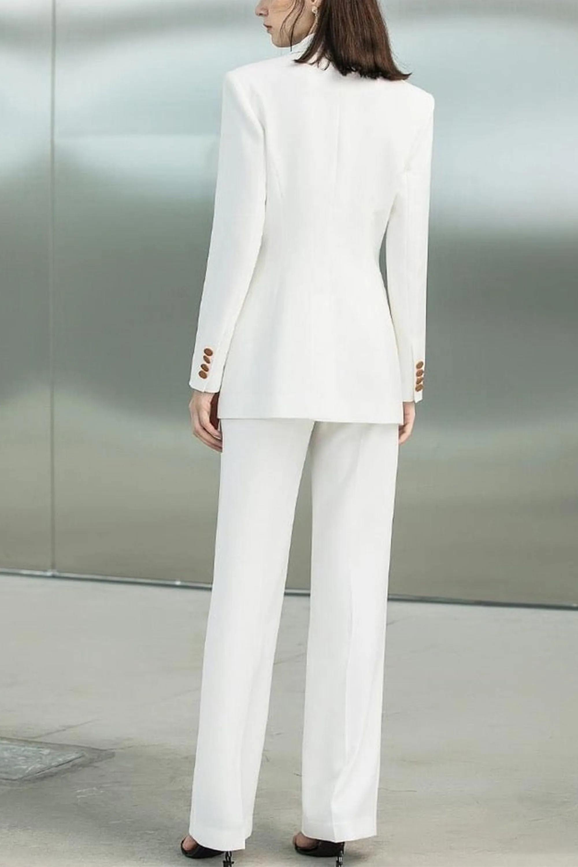 White 2 Piece Single Button Orange Trim Notch Lapel Women Suit