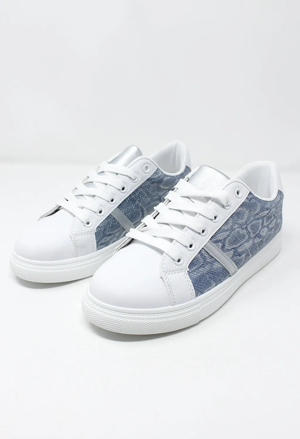 White and Blue Snake Print Trainer
