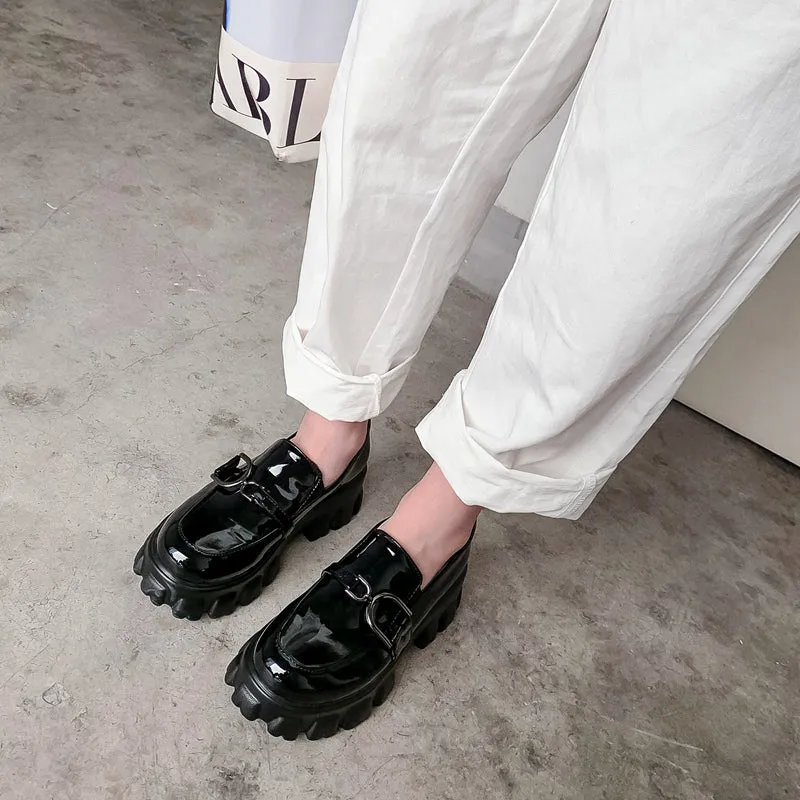 woloong Spring New Slip ons Shallow Shoes Women Metal Chain Buckle Platform Chunky Heels Casual Shoes Loafers 33-46 sapato feminino