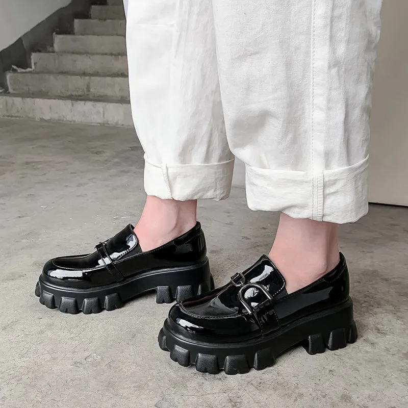 woloong Spring New Slip ons Shallow Shoes Women Metal Chain Buckle Platform Chunky Heels Casual Shoes Loafers 33-46 sapato feminino