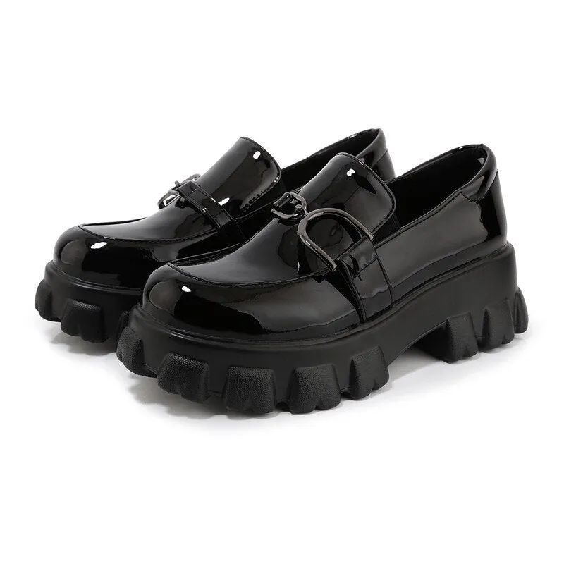 woloong Spring New Slip ons Shallow Shoes Women Metal Chain Buckle Platform Chunky Heels Casual Shoes Loafers 33-46 sapato feminino