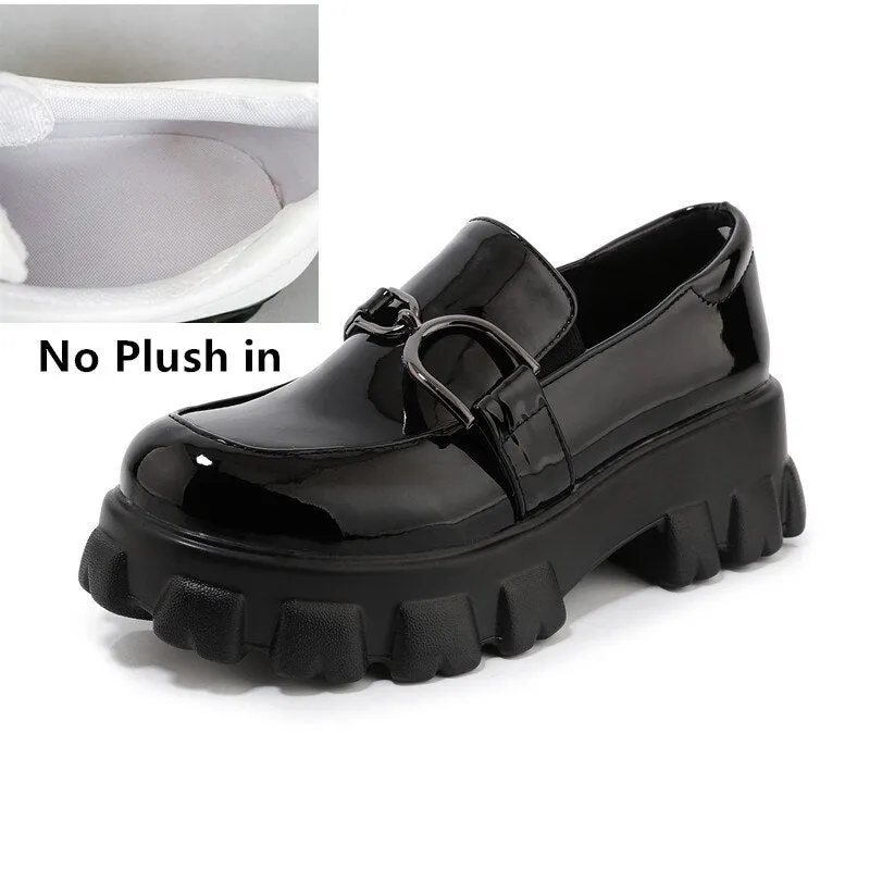 woloong Spring New Slip ons Shallow Shoes Women Metal Chain Buckle Platform Chunky Heels Casual Shoes Loafers 33-46 sapato feminino