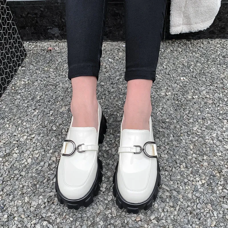 woloong Spring New Slip ons Shallow Shoes Women Metal Chain Buckle Platform Chunky Heels Casual Shoes Loafers 33-46 sapato feminino