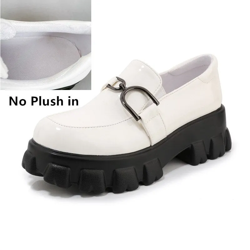 woloong Spring New Slip ons Shallow Shoes Women Metal Chain Buckle Platform Chunky Heels Casual Shoes Loafers 33-46 sapato feminino