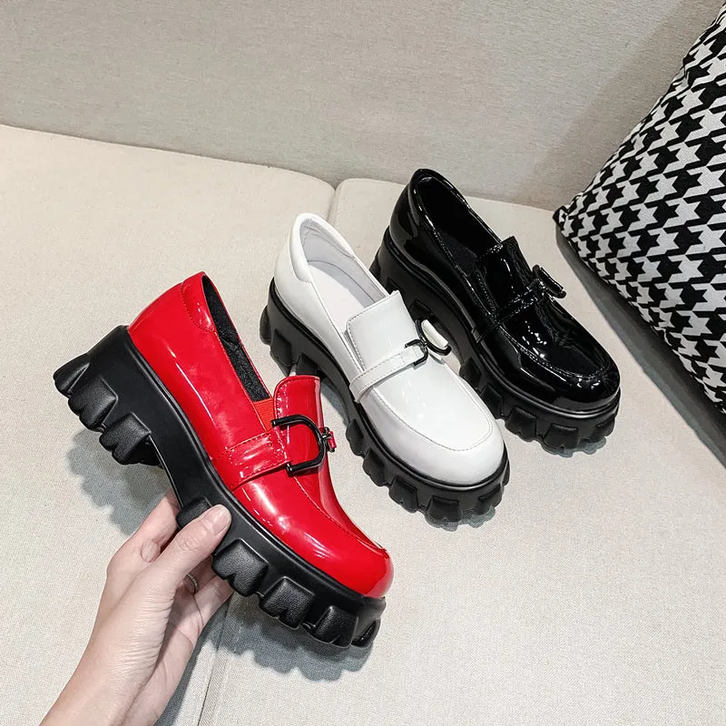 woloong Spring New Slip ons Shallow Shoes Women Metal Chain Buckle Platform Chunky Heels Casual Shoes Loafers 33-46 sapato feminino