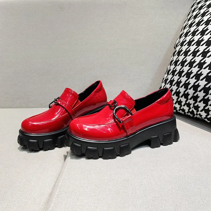 woloong Spring New Slip ons Shallow Shoes Women Metal Chain Buckle Platform Chunky Heels Casual Shoes Loafers 33-46 sapato feminino