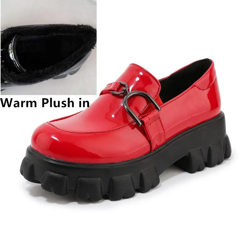 woloong Spring New Slip ons Shallow Shoes Women Metal Chain Buckle Platform Chunky Heels Casual Shoes Loafers 33-46 sapato feminino