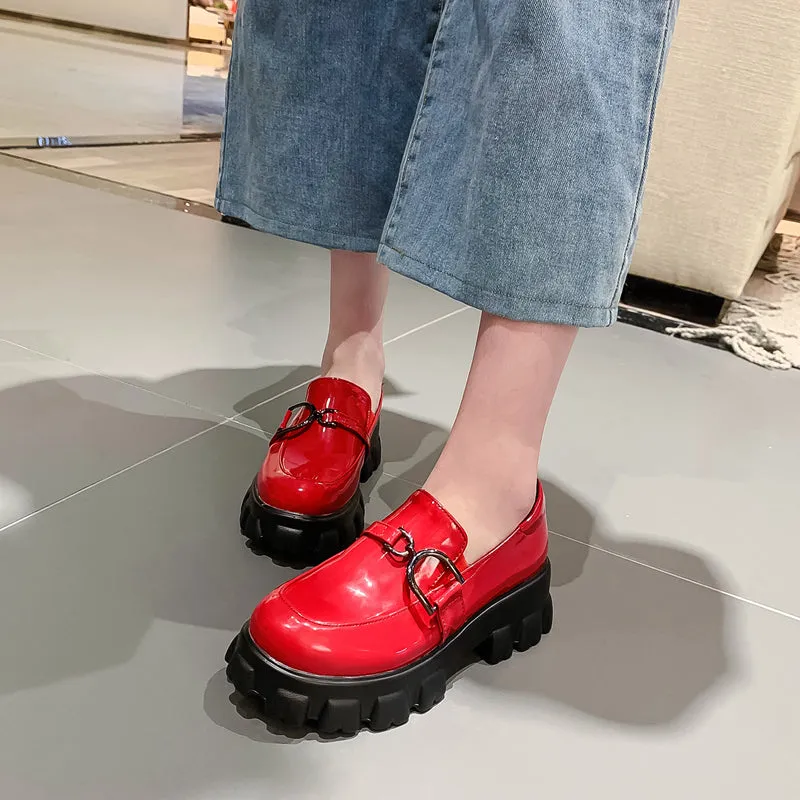woloong Spring New Slip ons Shallow Shoes Women Metal Chain Buckle Platform Chunky Heels Casual Shoes Loafers 33-46 sapato feminino