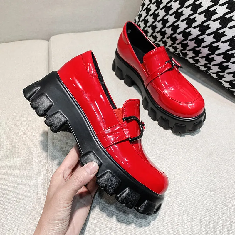 woloong Spring New Slip ons Shallow Shoes Women Metal Chain Buckle Platform Chunky Heels Casual Shoes Loafers 33-46 sapato feminino
