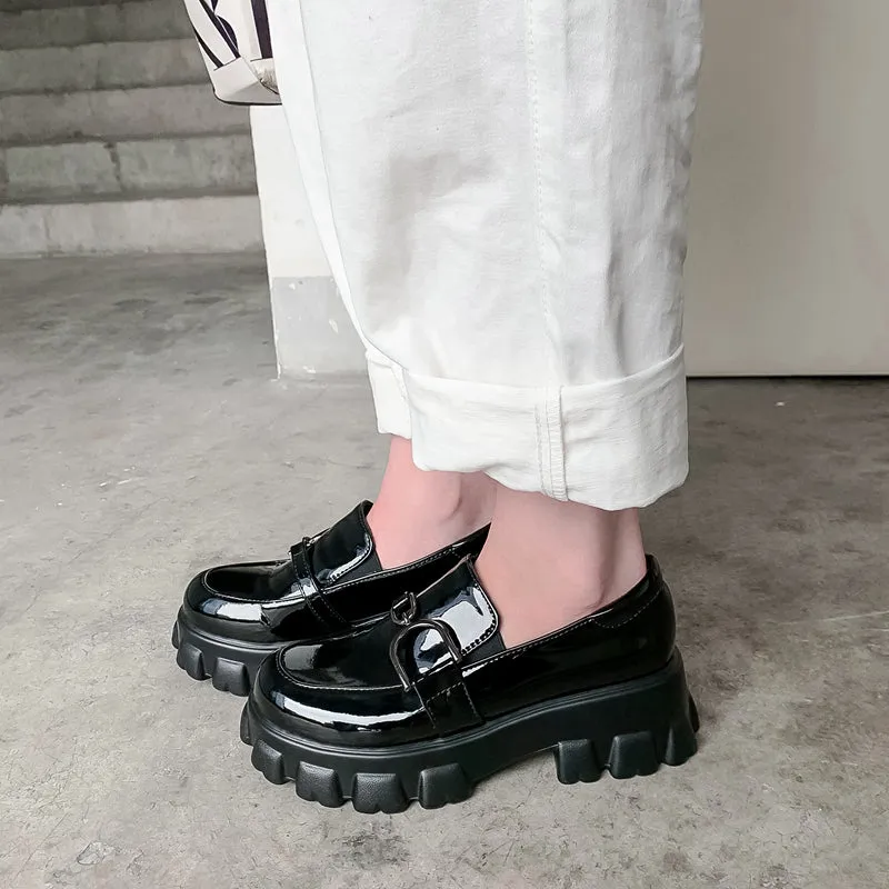 woloong Spring New Slip ons Shallow Shoes Women Metal Chain Buckle Platform Chunky Heels Casual Shoes Loafers 33-46 sapato feminino