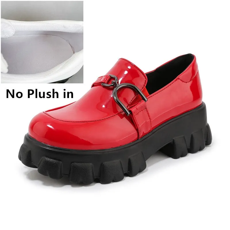 woloong Spring New Slip ons Shallow Shoes Women Metal Chain Buckle Platform Chunky Heels Casual Shoes Loafers 33-46 sapato feminino
