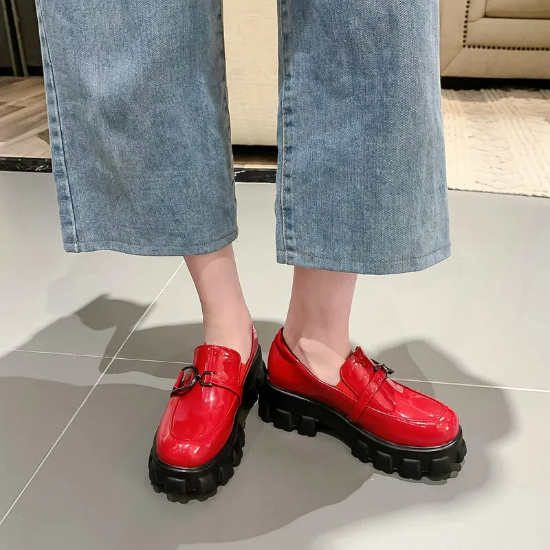 woloong Spring New Slip ons Shallow Shoes Women Metal Chain Buckle Platform Chunky Heels Casual Shoes Loafers 33-46 sapato feminino