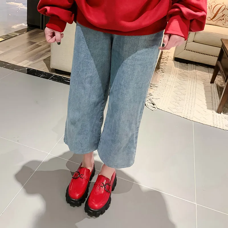 woloong Spring New Slip ons Shallow Shoes Women Metal Chain Buckle Platform Chunky Heels Casual Shoes Loafers 33-46 sapato feminino