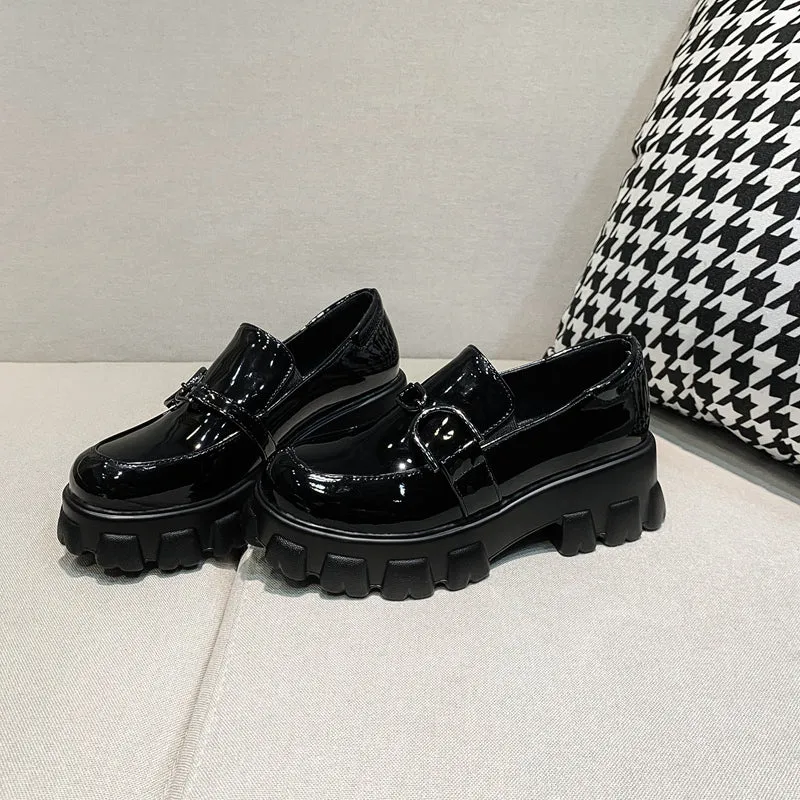 woloong Spring New Slip ons Shallow Shoes Women Metal Chain Buckle Platform Chunky Heels Casual Shoes Loafers 33-46 sapato feminino