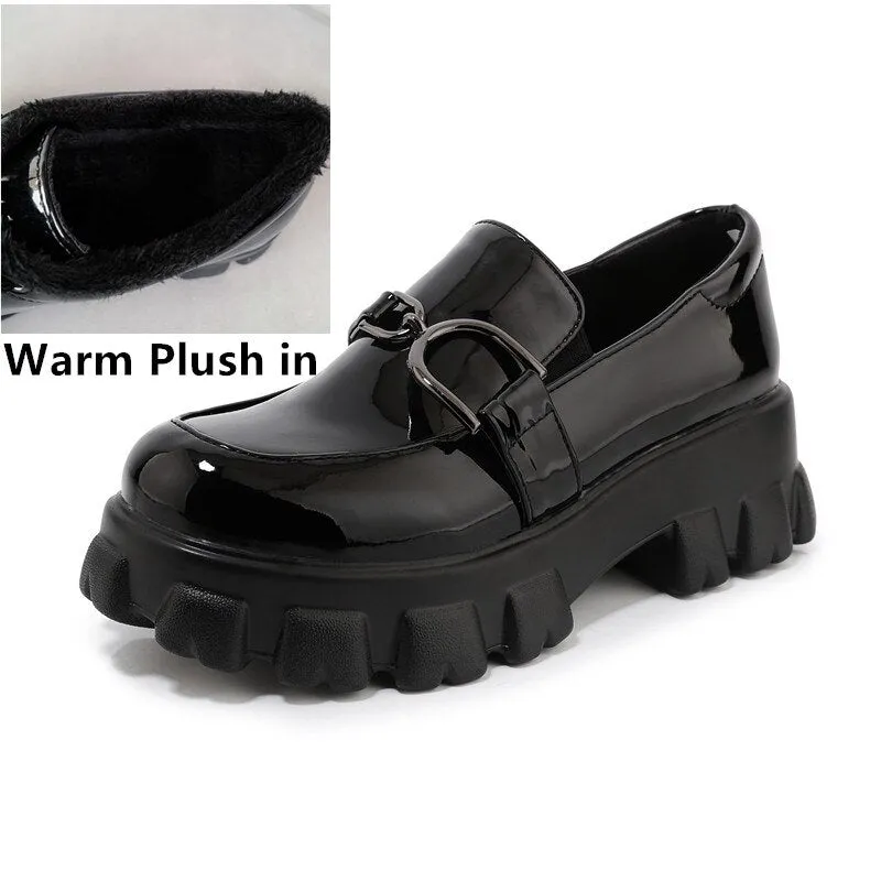 woloong Spring New Slip ons Shallow Shoes Women Metal Chain Buckle Platform Chunky Heels Casual Shoes Loafers 33-46 sapato feminino