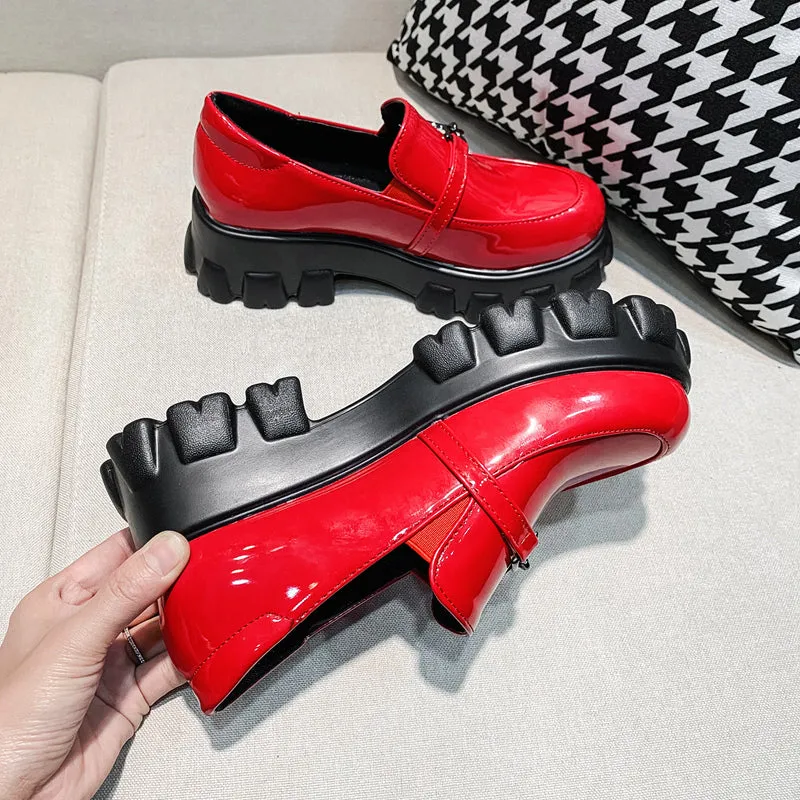 woloong Spring New Slip ons Shallow Shoes Women Metal Chain Buckle Platform Chunky Heels Casual Shoes Loafers 33-46 sapato feminino