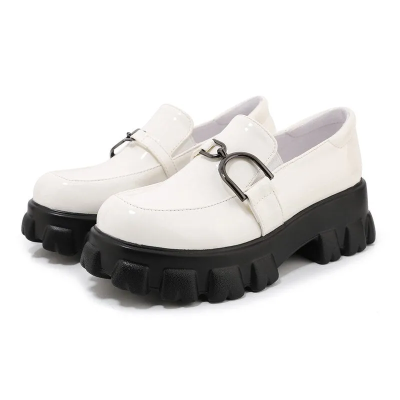 woloong Spring New Slip ons Shallow Shoes Women Metal Chain Buckle Platform Chunky Heels Casual Shoes Loafers 33-46 sapato feminino