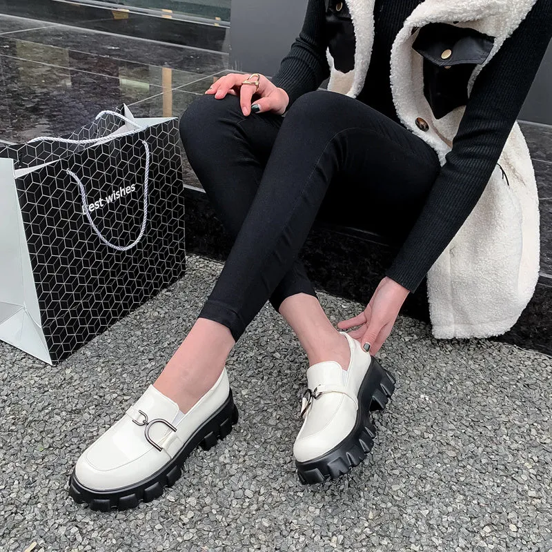 woloong Spring New Slip ons Shallow Shoes Women Metal Chain Buckle Platform Chunky Heels Casual Shoes Loafers 33-46 sapato feminino