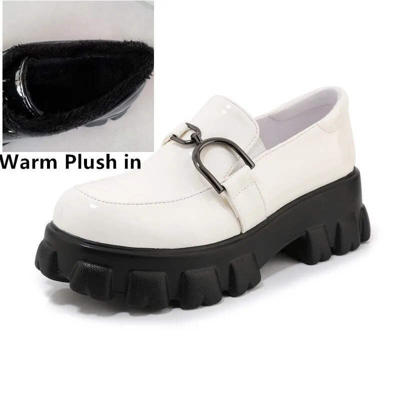 woloong Spring New Slip ons Shallow Shoes Women Metal Chain Buckle Platform Chunky Heels Casual Shoes Loafers 33-46 sapato feminino
