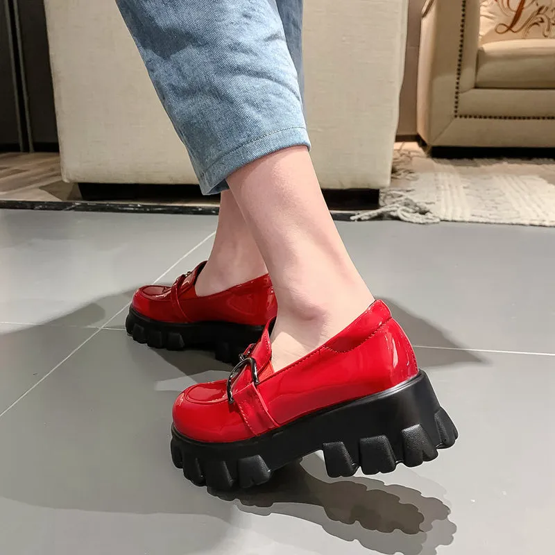 woloong Spring New Slip ons Shallow Shoes Women Metal Chain Buckle Platform Chunky Heels Casual Shoes Loafers 33-46 sapato feminino