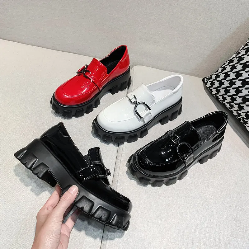 woloong Spring New Slip ons Shallow Shoes Women Metal Chain Buckle Platform Chunky Heels Casual Shoes Loafers 33-46 sapato feminino