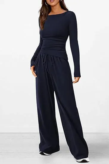 women Casual Suit Long-sleeved T-shirt Wide-leg Pants