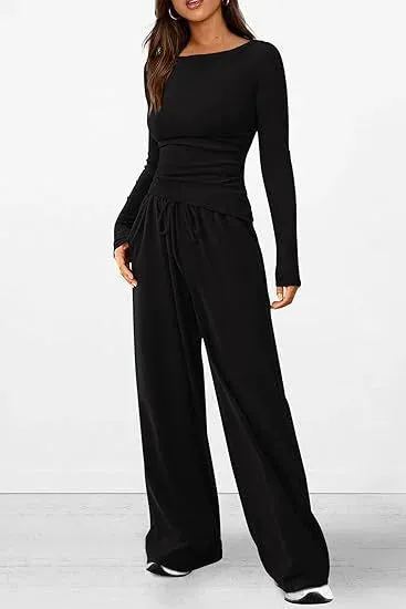 women Casual Suit Long-sleeved T-shirt Wide-leg Pants