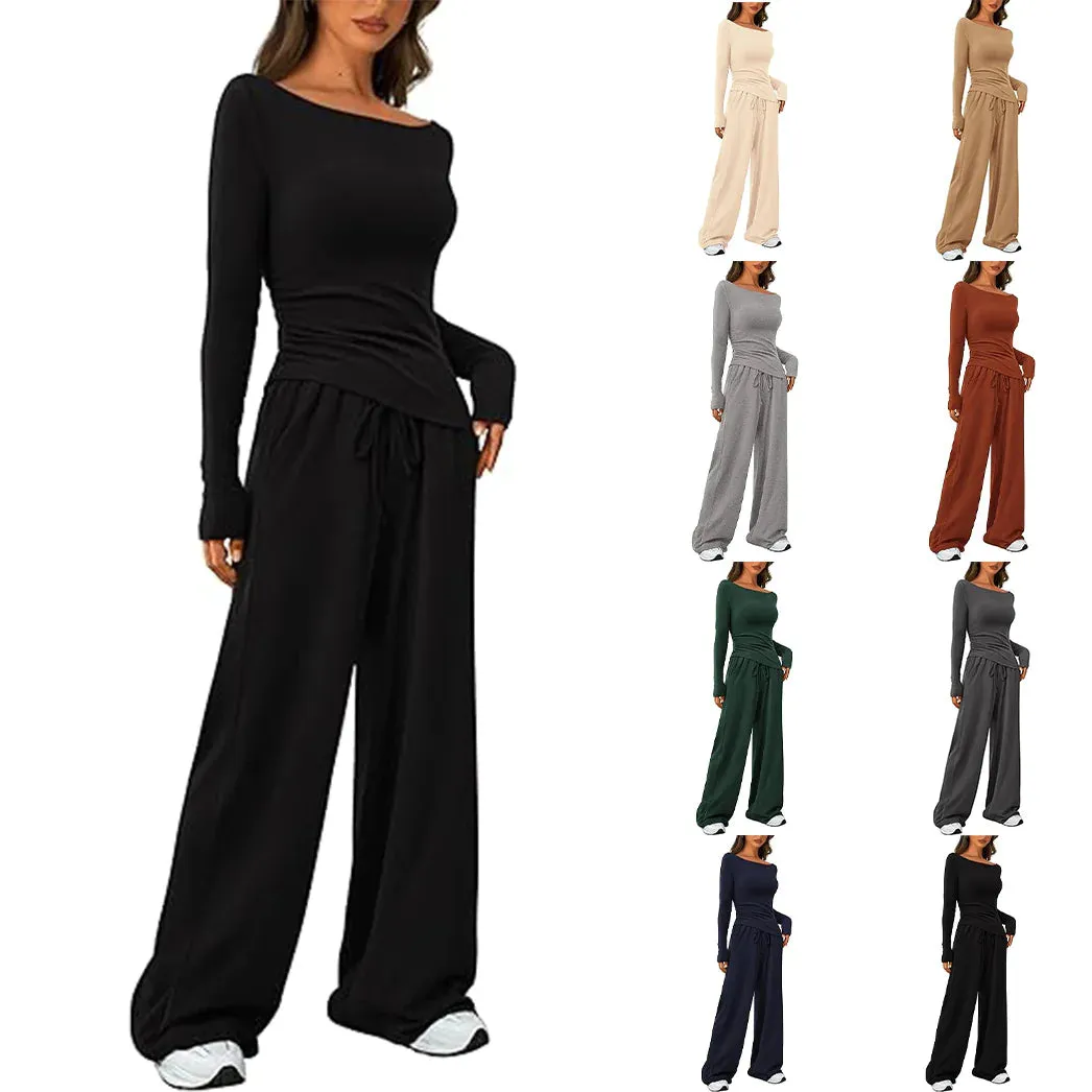 women Casual Suit Long-sleeved T-shirt Wide-leg Pants