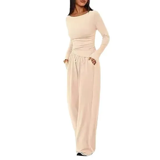 women Casual Suit Long-sleeved T-shirt Wide-leg Pants