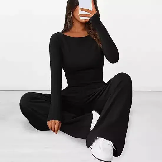 women Casual Suit Long-sleeved T-shirt Wide-leg Pants