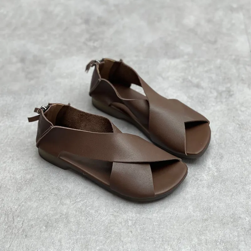 Women Crossing Design Leather Sandals With Rear Zippers