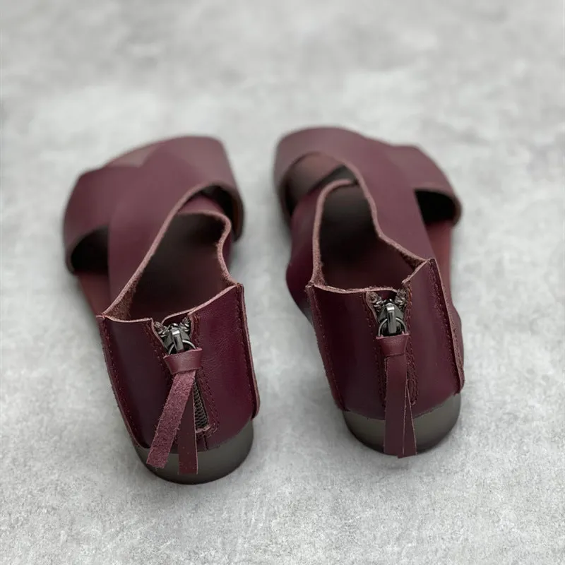 Women Crossing Design Leather Sandals With Rear Zippers