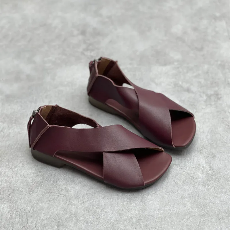 Women Crossing Design Leather Sandals With Rear Zippers
