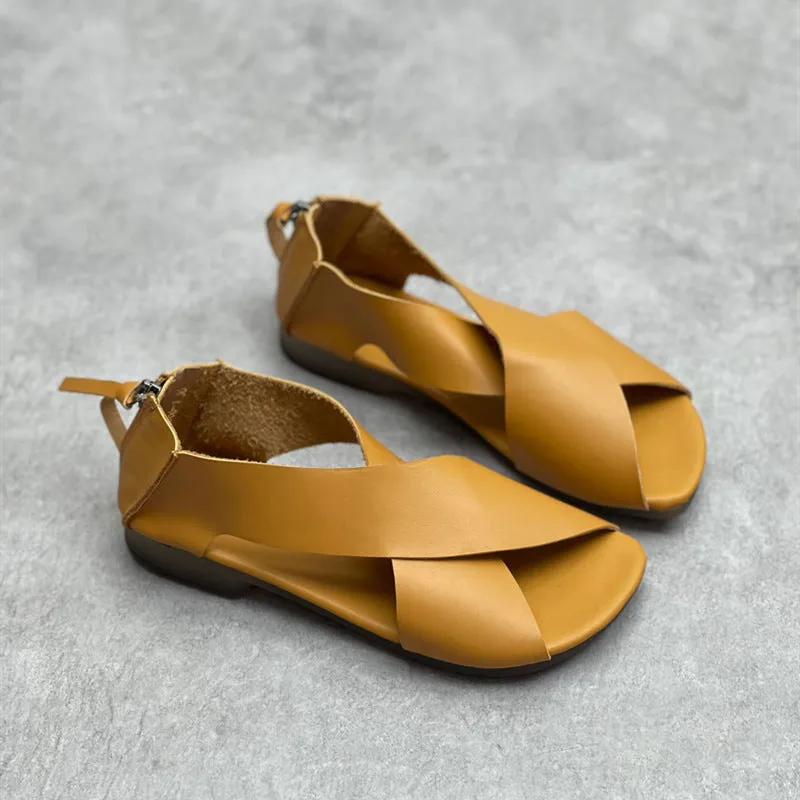 Women Crossing Design Leather Sandals With Rear Zippers