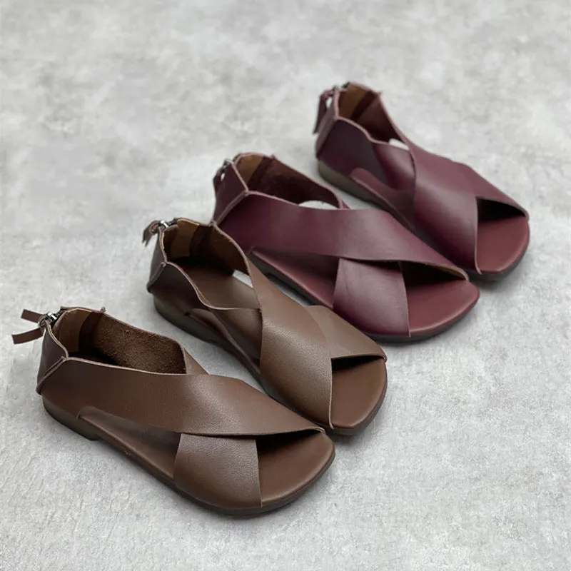 Women Crossing Design Leather Sandals With Rear Zippers