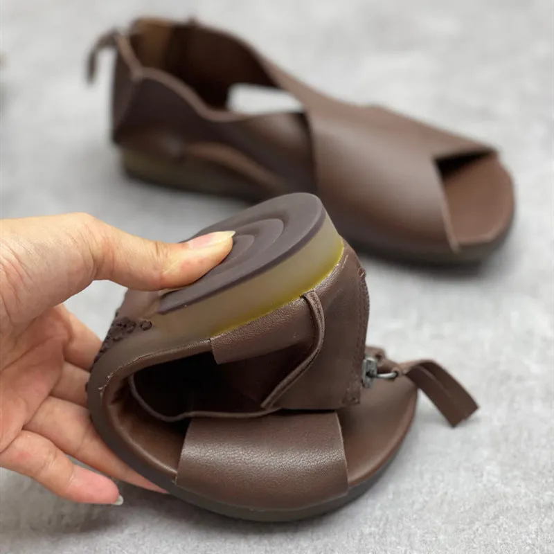 Women Crossing Design Leather Sandals With Rear Zippers