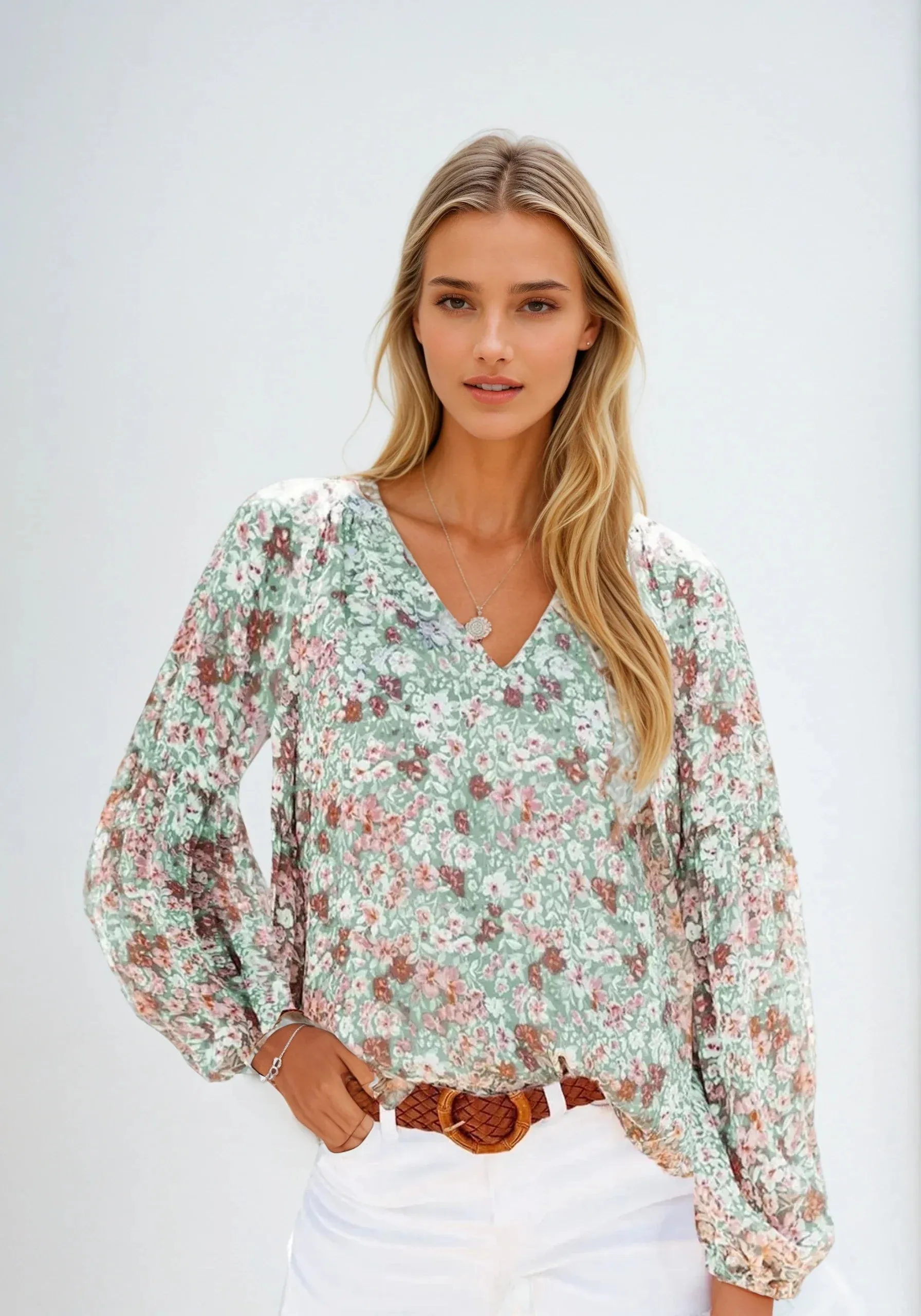 Women's Cotton Floral Blouse Plus Size Long Sleeve Top