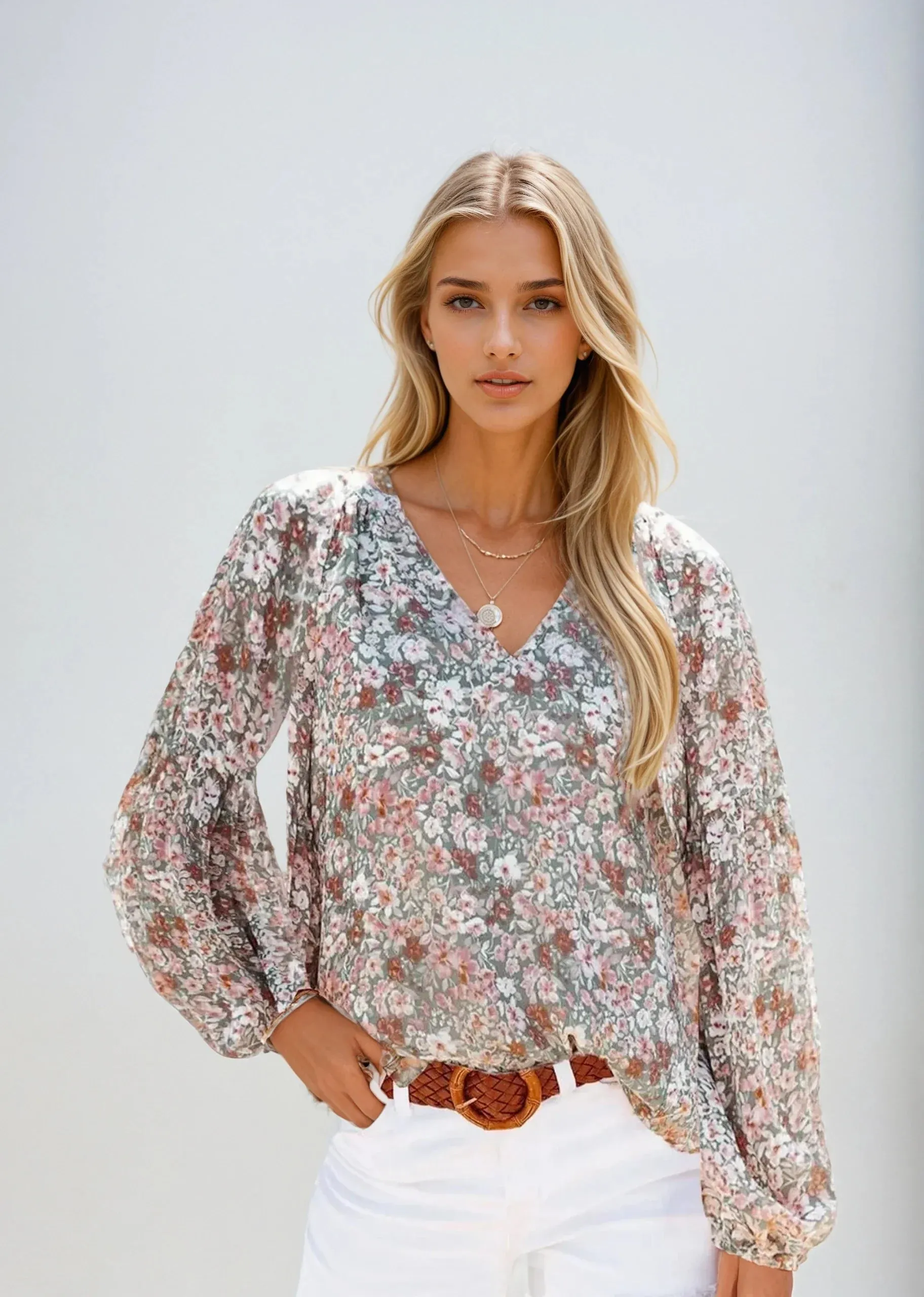 Women's Cotton Floral Blouse Plus Size Long Sleeve Top