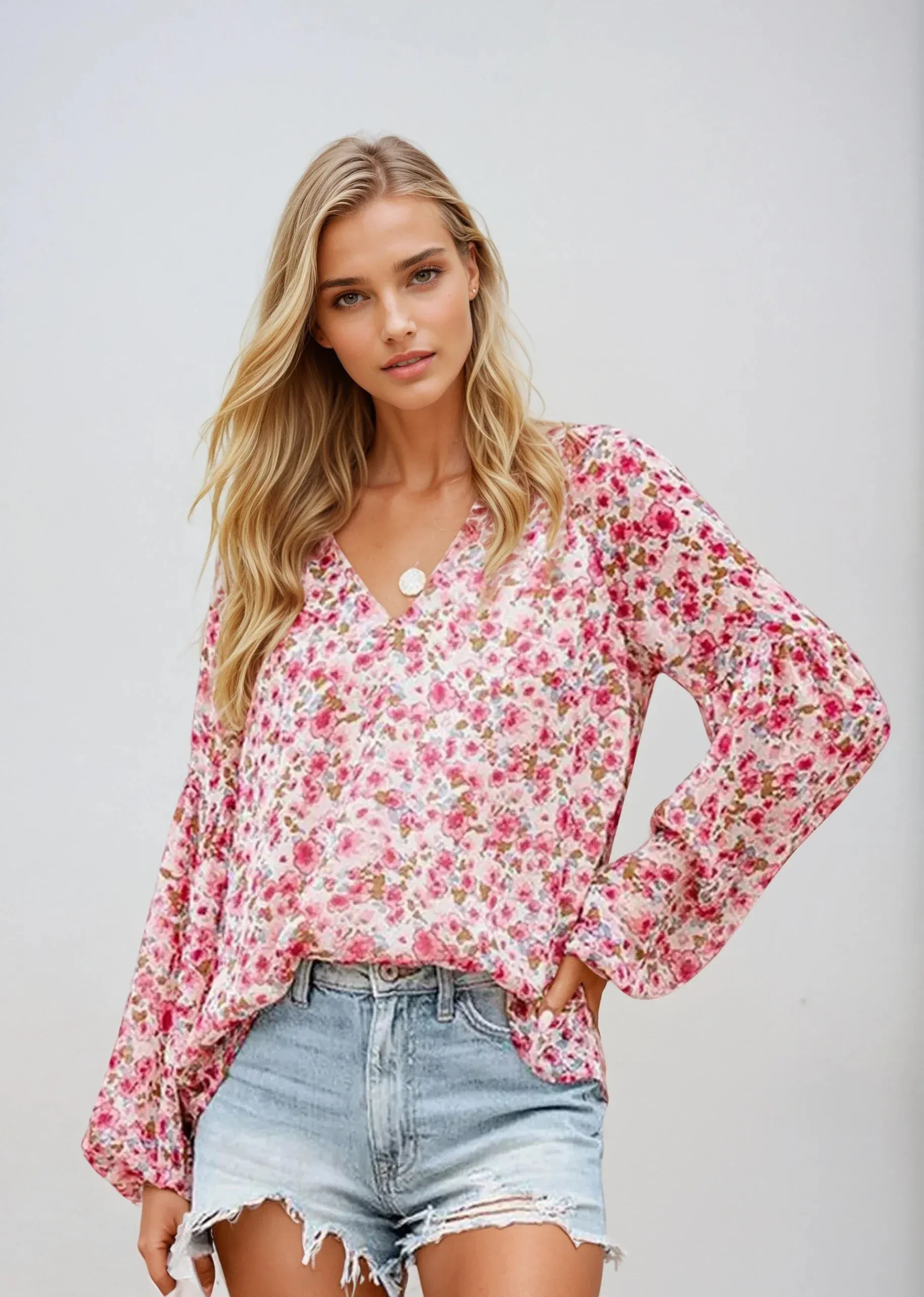 Women's Cotton Floral Blouse Plus Size Long Sleeve Top