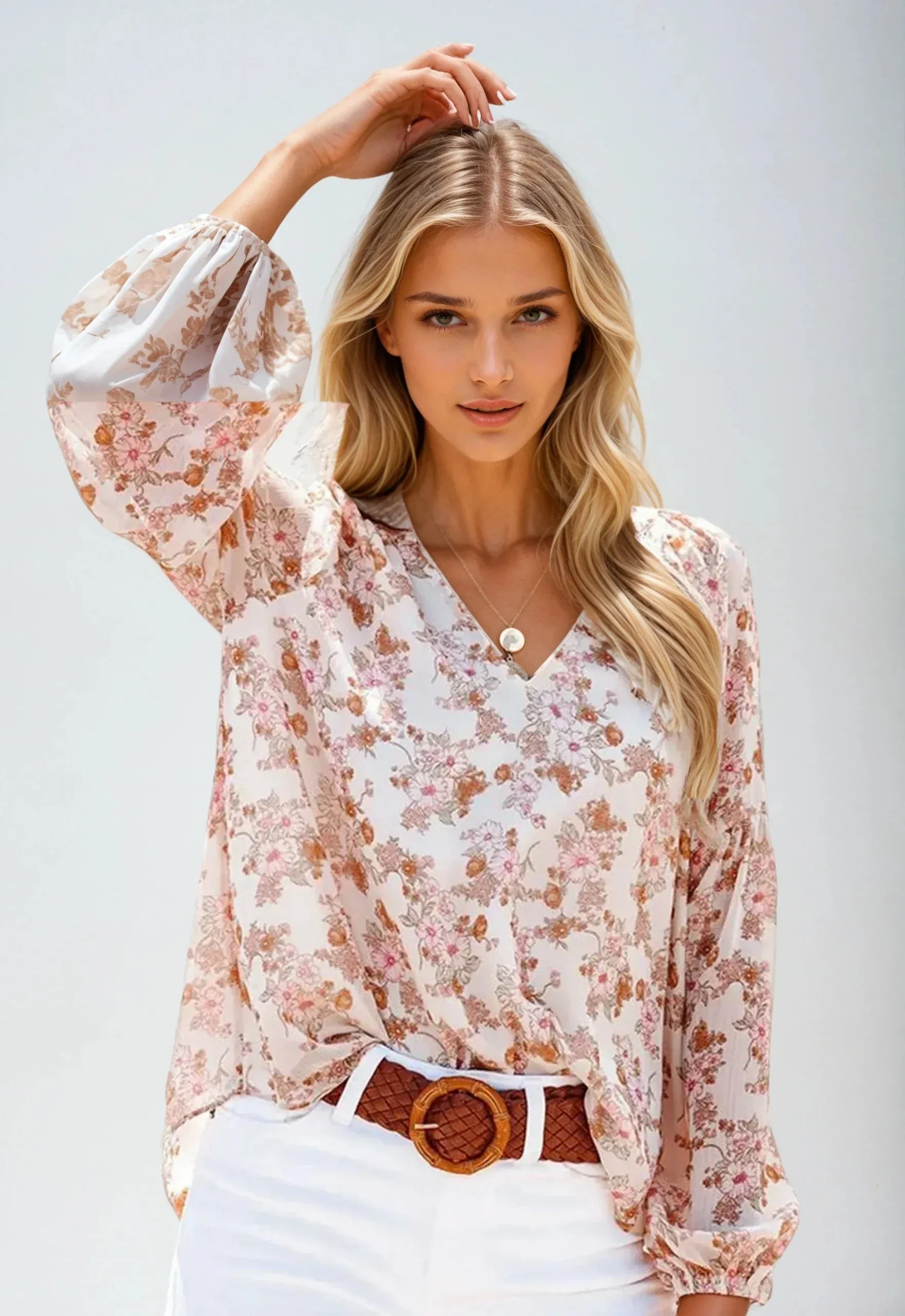 Women's Cotton Floral Blouse Plus Size Long Sleeve Top