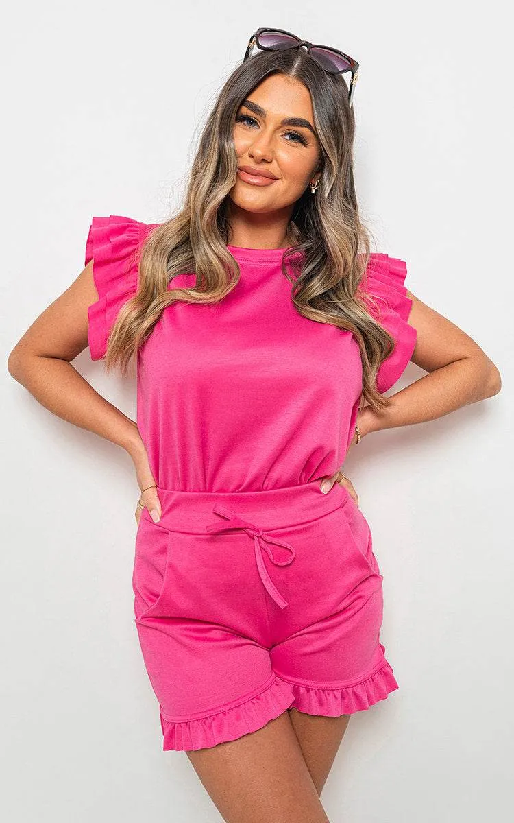 Womens Plain Frill Peplum Sleeve Top Shorts Co-ord Set