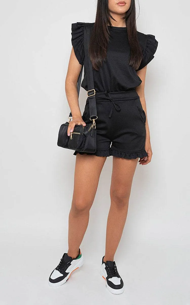Womens Plain Frill Peplum Sleeve Top Shorts Co-ord Set