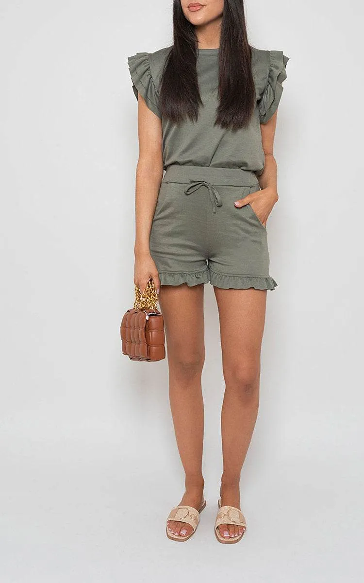 Womens Plain Frill Peplum Sleeve Top Shorts Co-ord Set