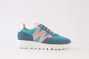 WONDERS - A-2422 LACED WEDGE FASHION TRAINER - BLUE/PINK MULTI